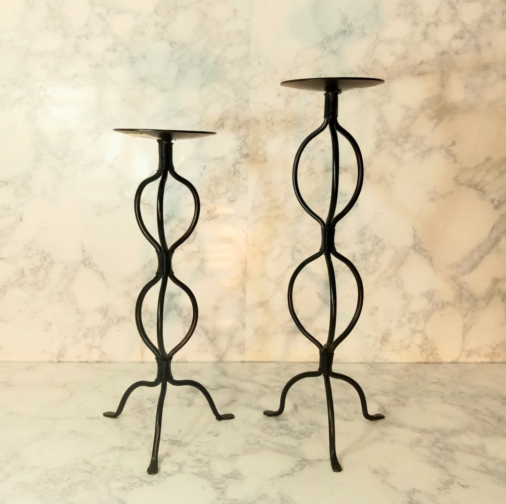 SOLD!! A Pair of Two Circular Tier Black Wrought Iron Candle Holders